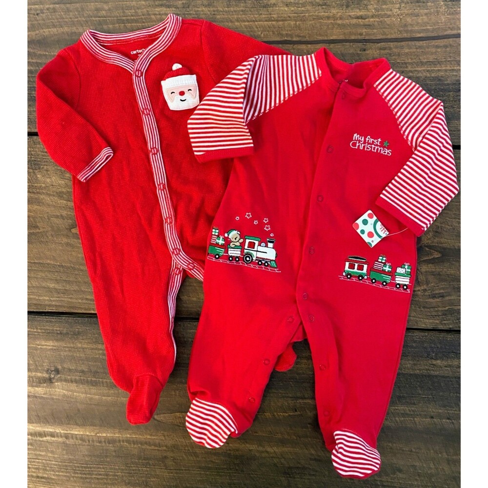 Carter's Baby's First Christmas Train Pajamas & Little Me Santa Pajamas 3 mos
